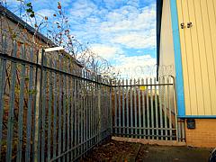 Palisade fence enhancements - extra lower horizontal support rail and additional razor wire on top