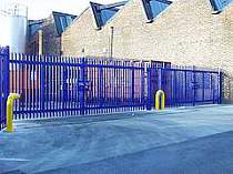 Double leaf powder coated palisade access gate with padlock cover hoods