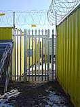 Single leaf galvanised palisade access gate with padlock cover blanking plate